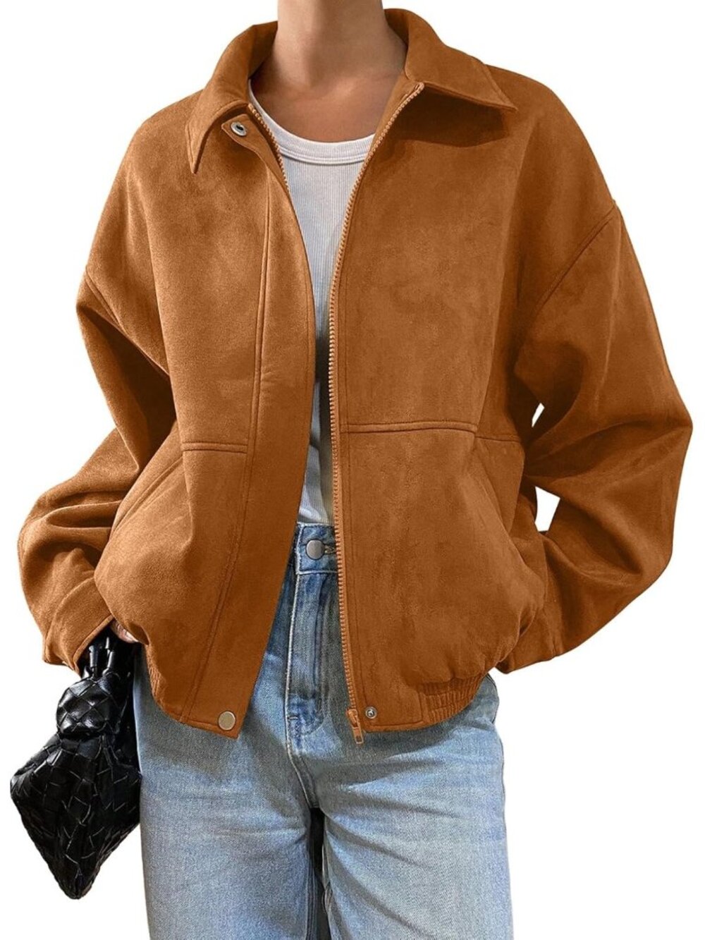 〽️Women's Brown Faux Suede Oversized Zip Up Cropped Lapel Collar Bomber Jacket